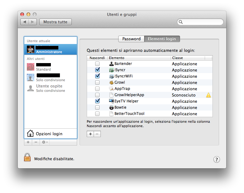 elementi login preferenze elementi di logni