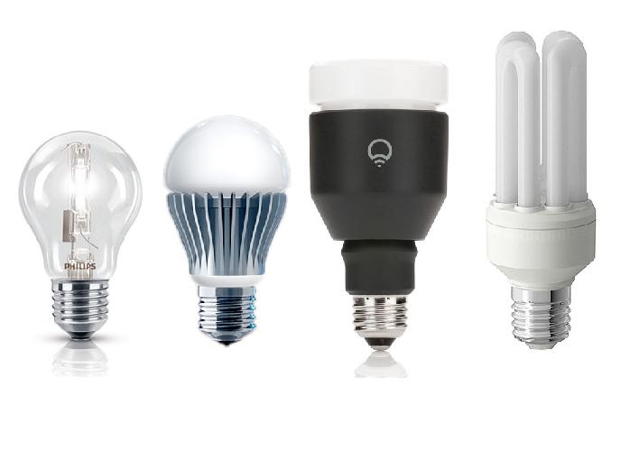Bulb VS Bulk: confronto quasi in scala tra alogena a goccia / LiFX originale / LiFX finale / lampada a risparmio energetico