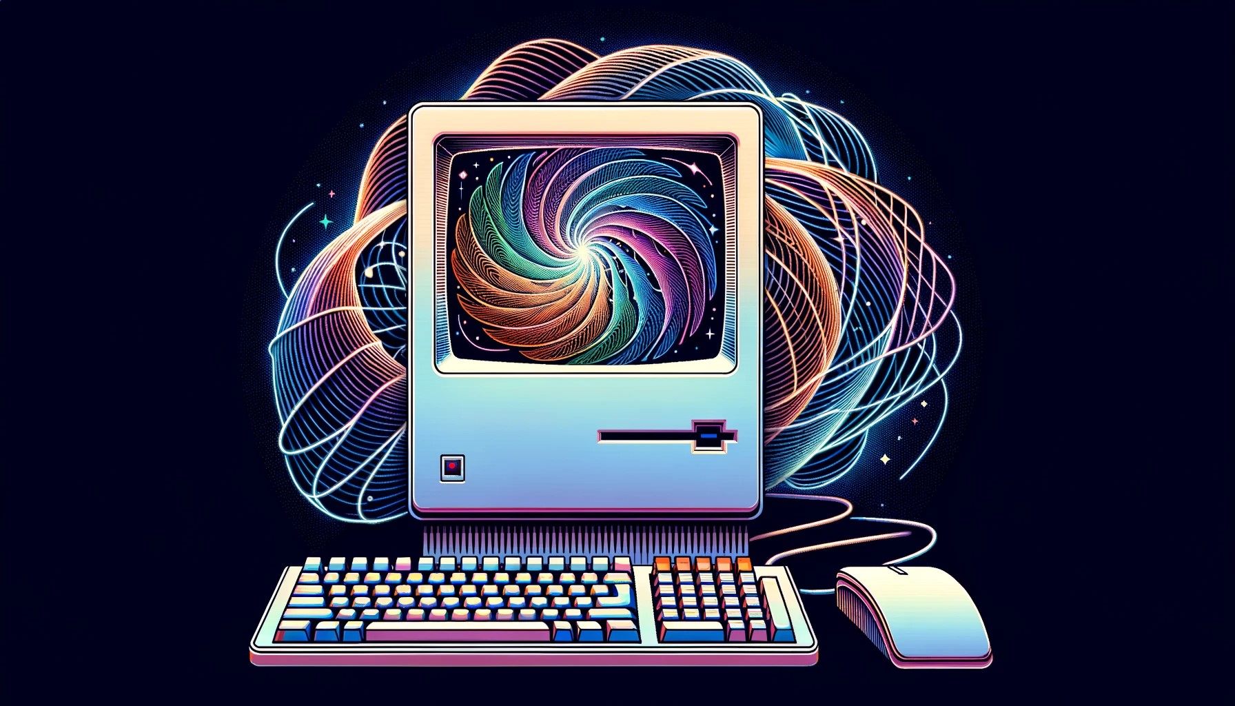 Vector design of a 1989 Macintosh Classic computer, its screen glowing brightly and displaying an intricate pattern that morphs into a digital artwork, exemplifying the evolution of AI from past to present.